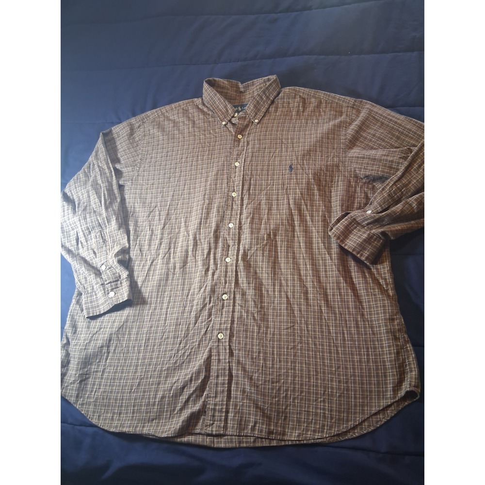 RALPH LAUREN POLO BUTTON UP Checkered Shirt Size Mens 2XB XXL‎ Big Brown Check
